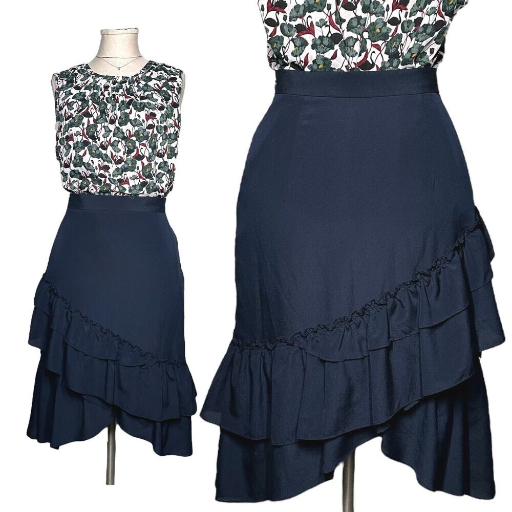 CLUB MONACO Hespe Skirt Tiered Ruffle A-Line Asymmetric Handkerchief Hem Blue 4